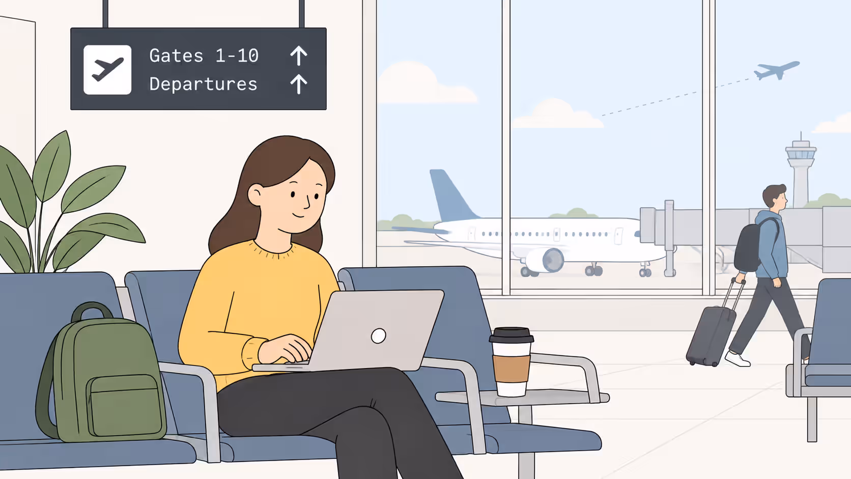 Girl using a laptop at an airport