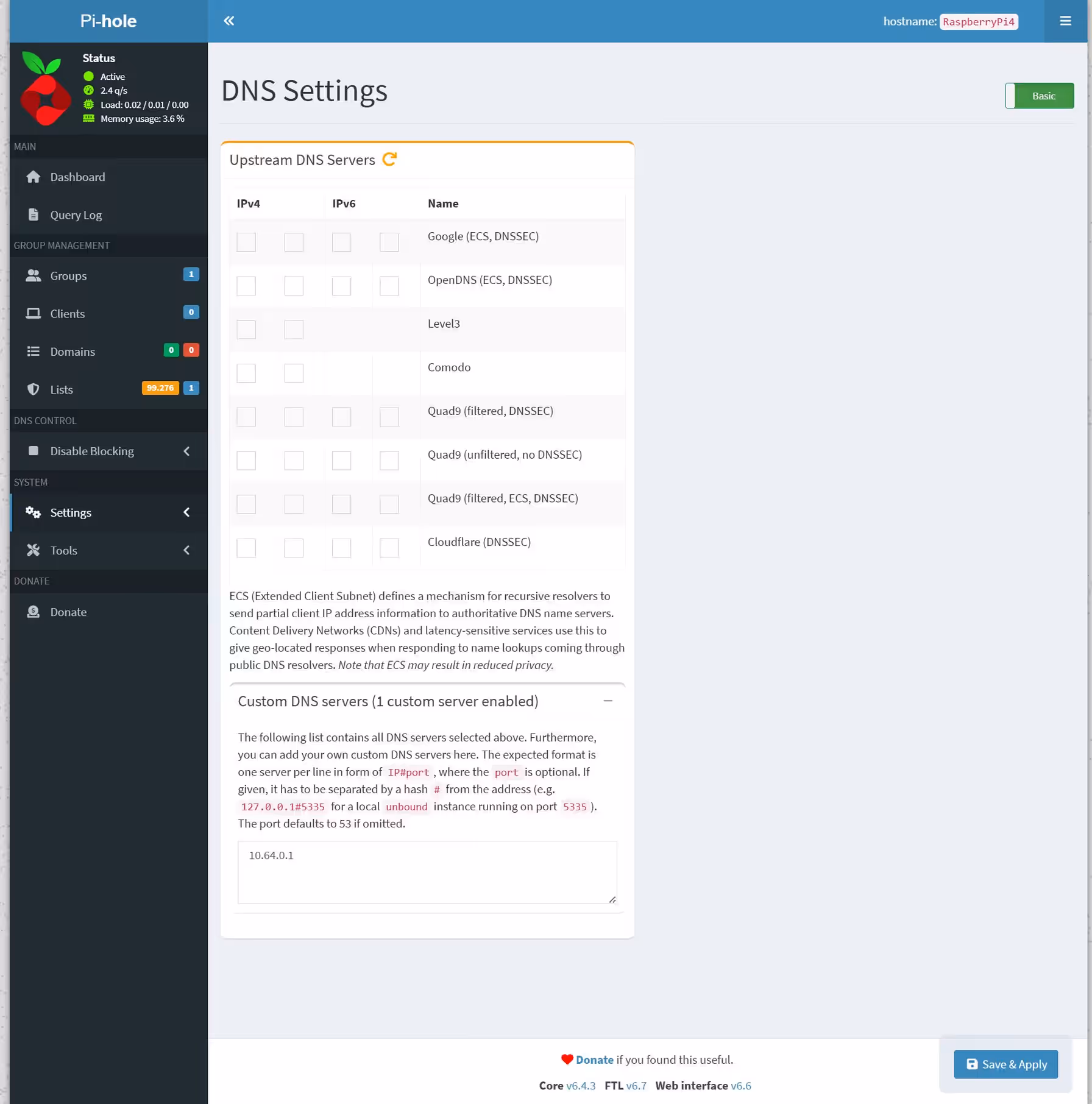 Pi-hole DNS settings