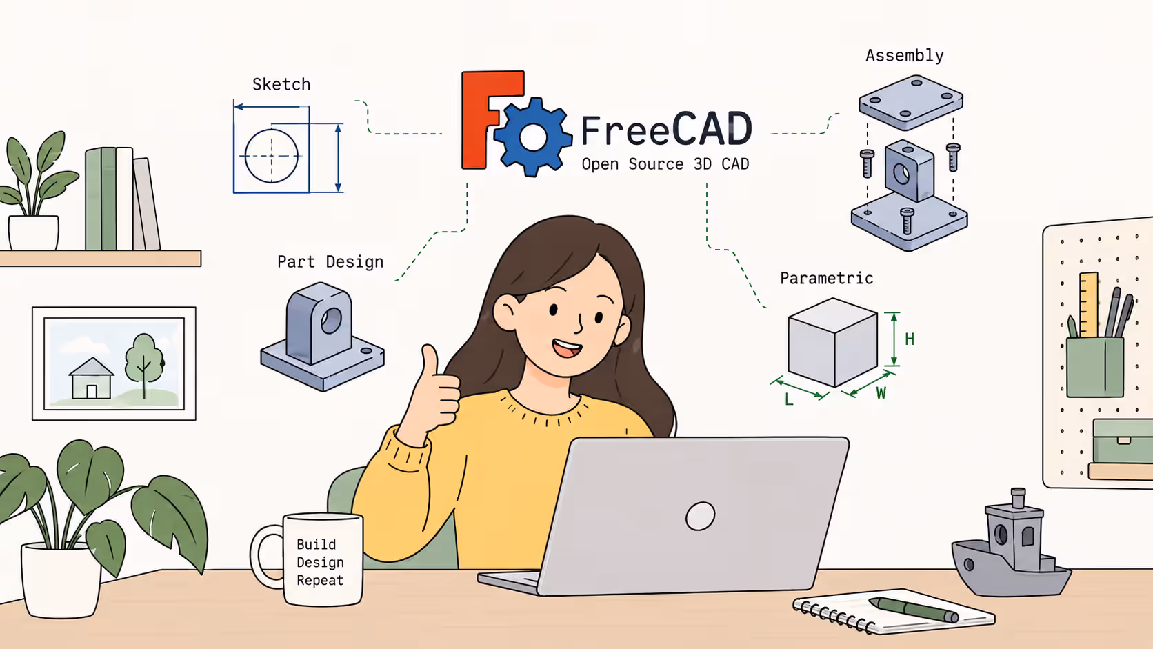 Jeune fille utilisant FreeCAD avec un agent de programmation basé sur l'IA