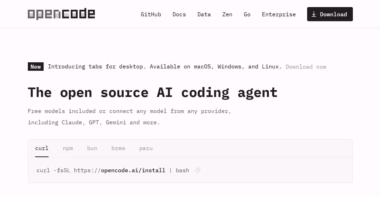 Page d'installation d'OpenCode