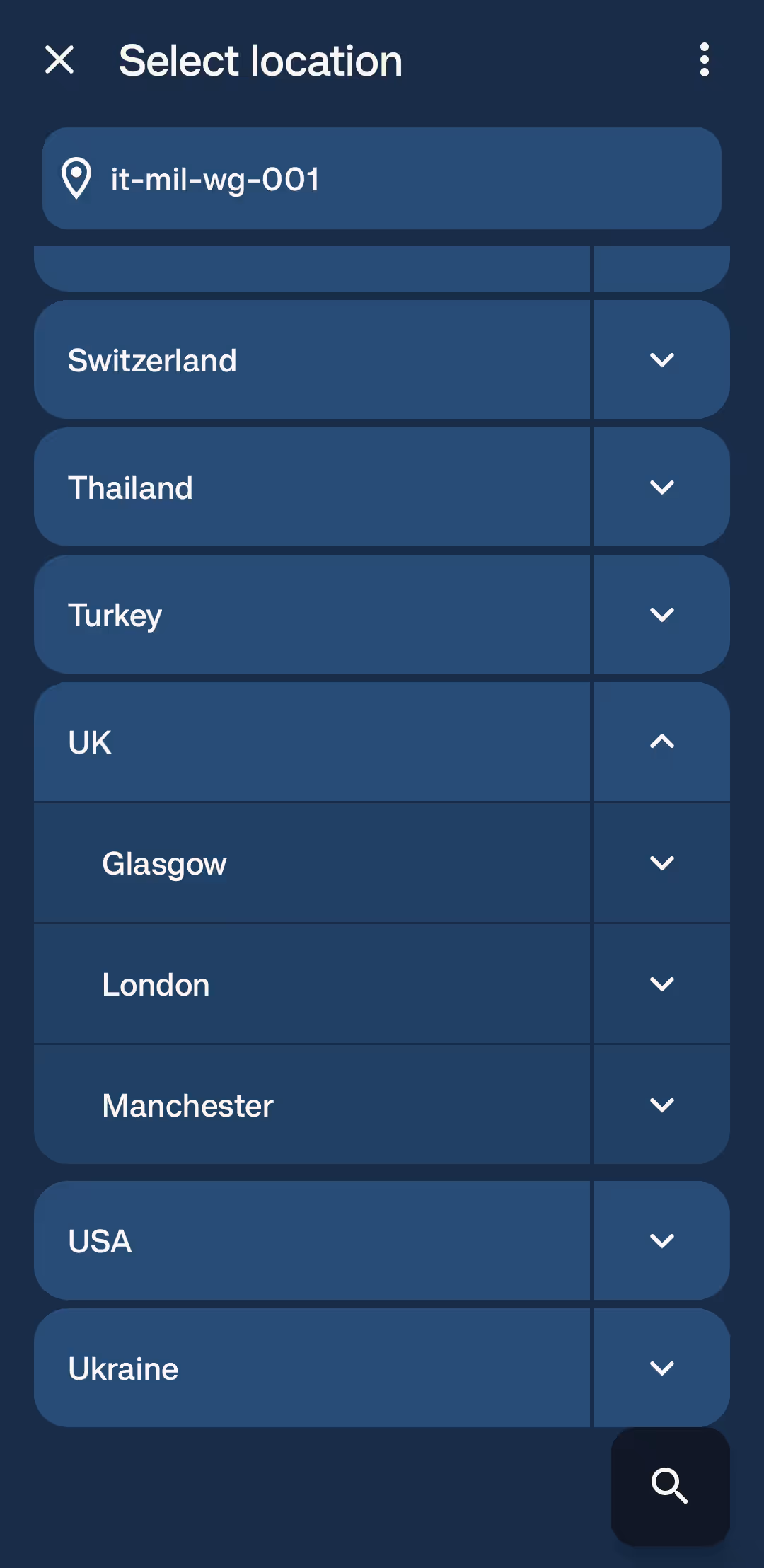 Mullvad city selection list