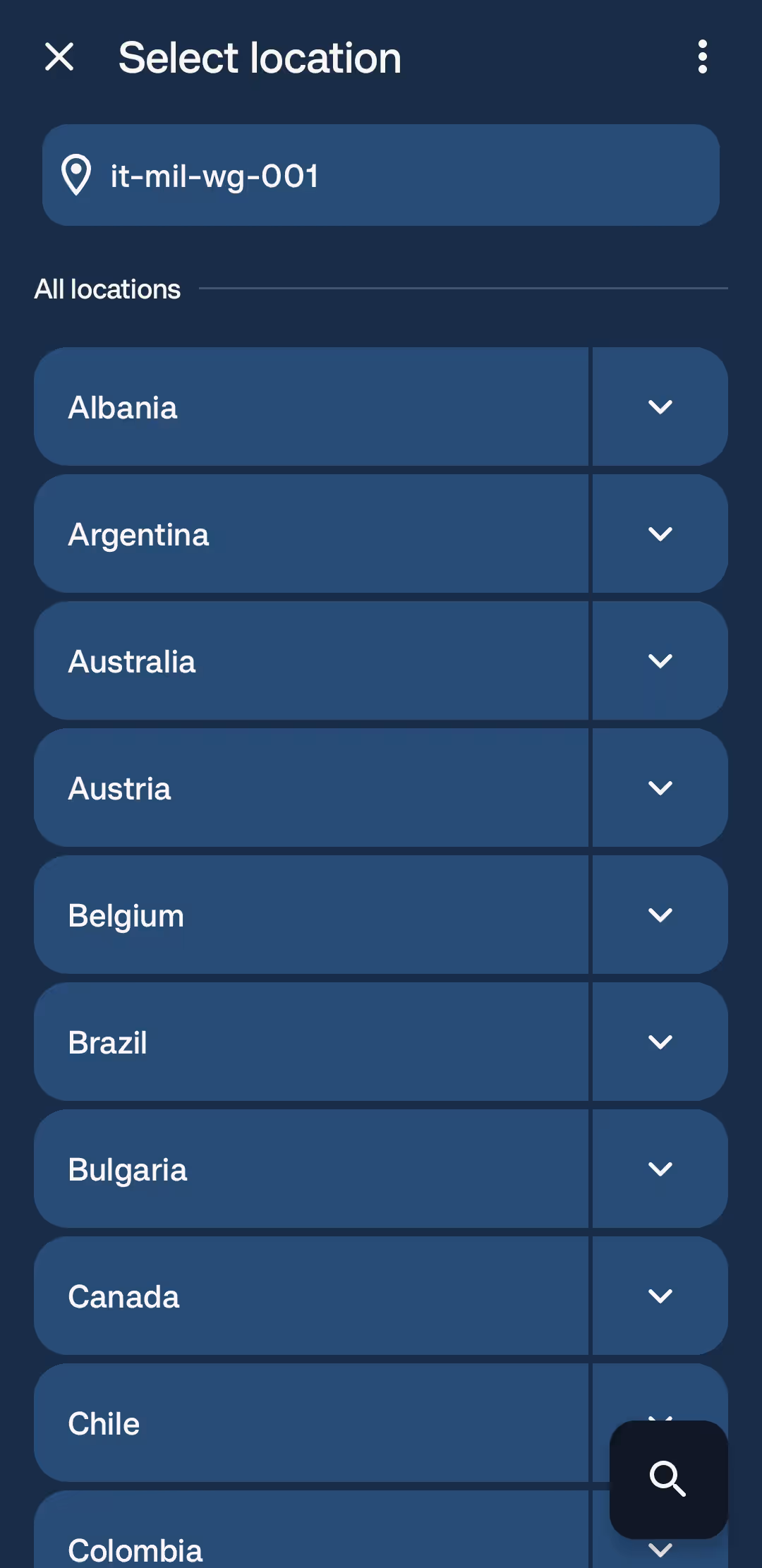 Mullvad country selection list