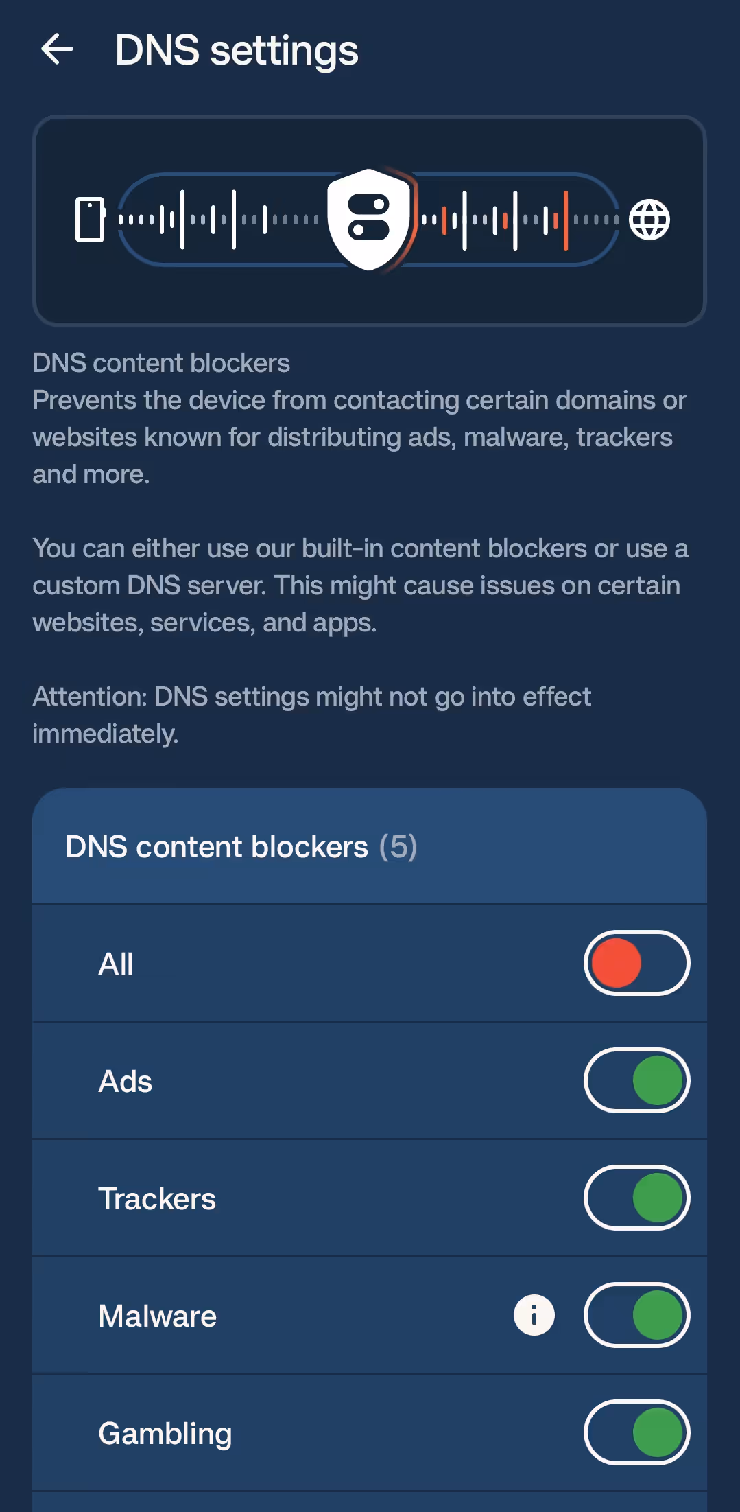 Mullvad DNS content-blocking settings